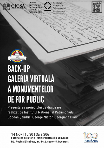 București: Comunicare CICSA # 14 noiembrie 2018 – prezentarea proiectului de digitizare a monumentelor de patrimoniu, intitulat Back-up galeria virtuala a monumentelor de for public.